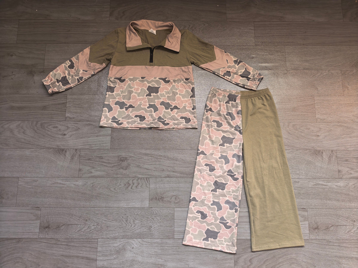 Olive camo zipper pullover pants girls clothing set