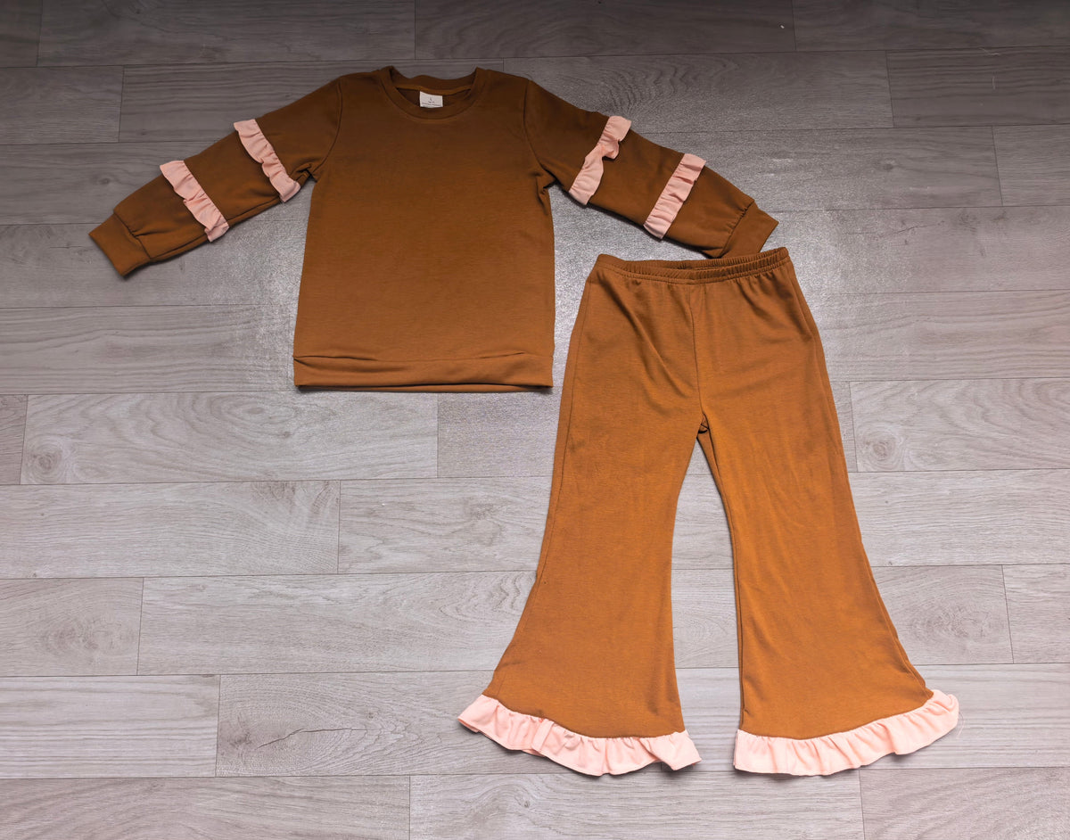 Brown cotton light pink ruffle top flare pants girls outfits
