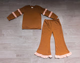 Brown cotton light pink ruffle top flare pants girls outfits