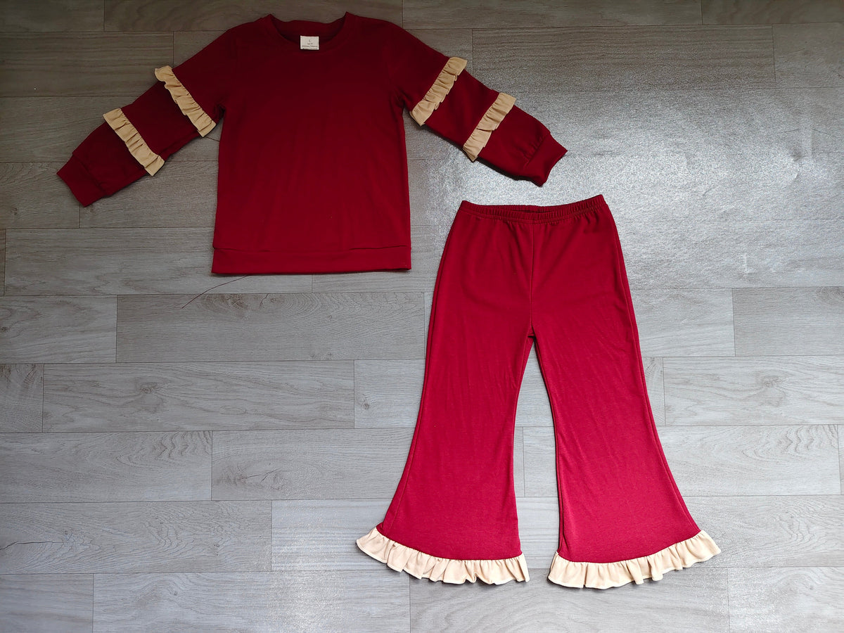 Dark red cotton ruffle top flare pants girls outfits
