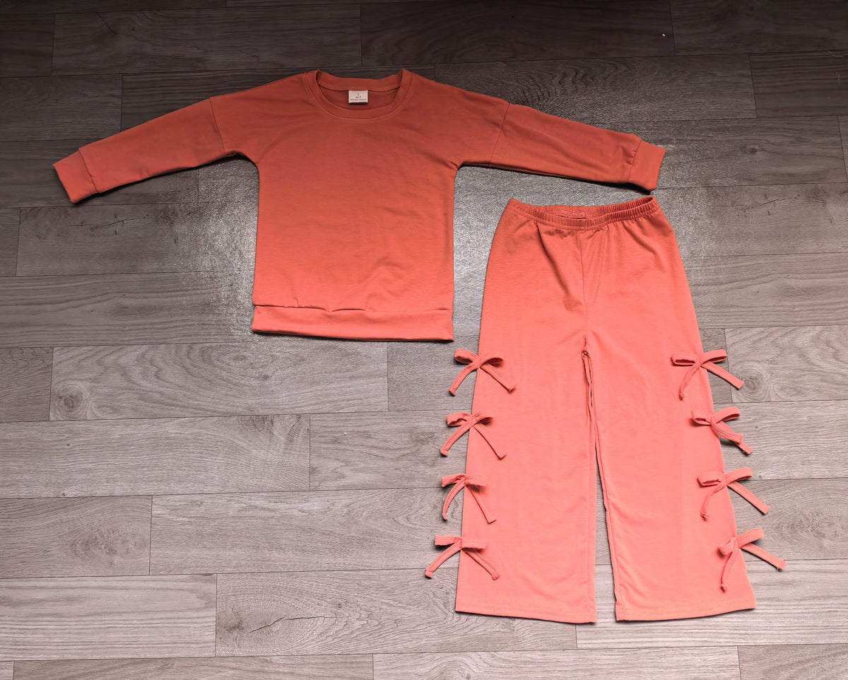 Long sleeves cotton top bow pants kids girls outfits