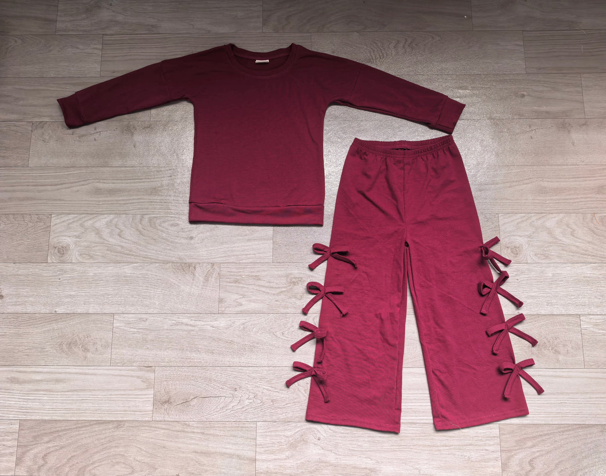 Long sleeves wine red cotton top bow pants kids girls outfits