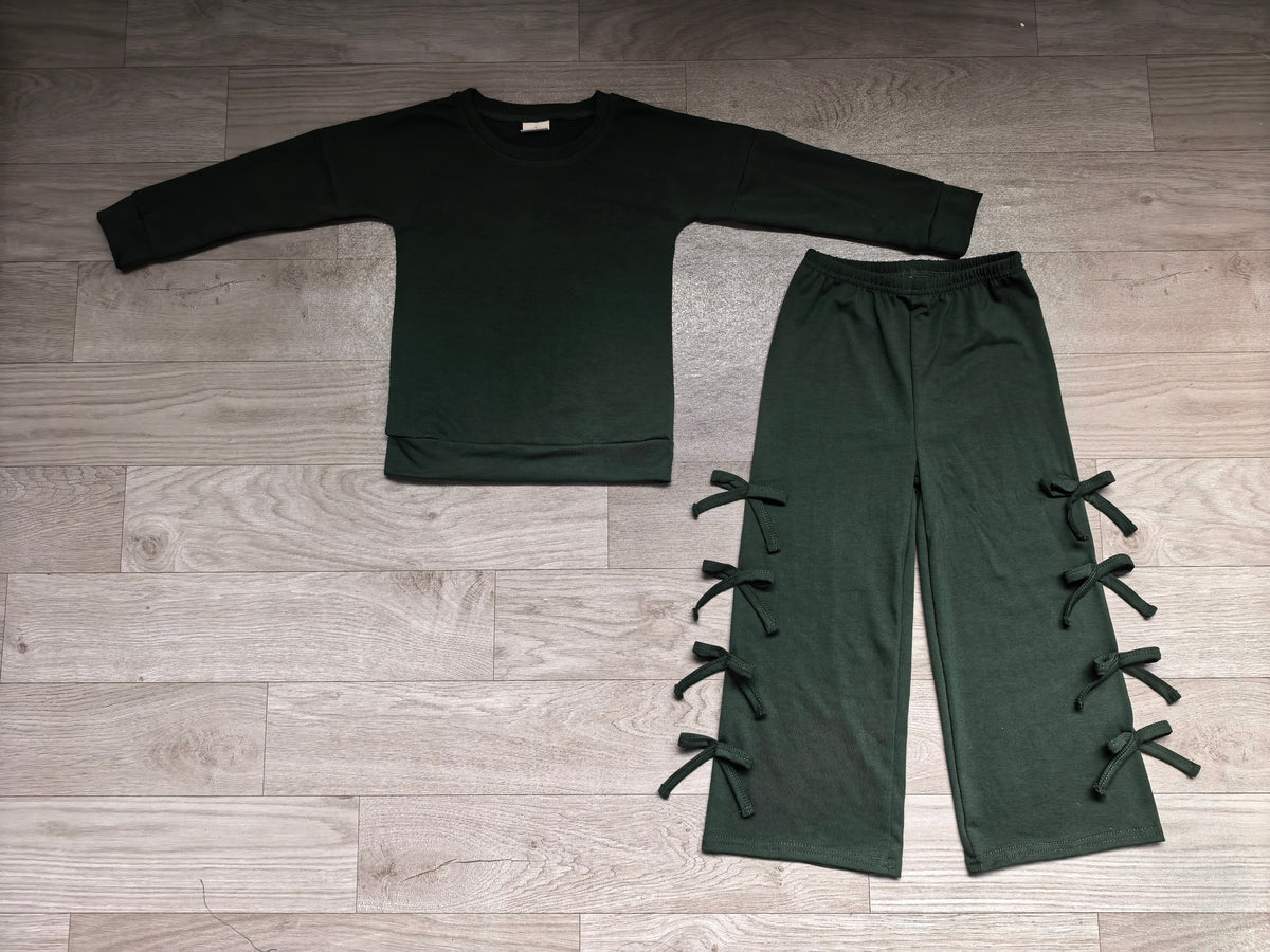 Long sleeves dark green cotton top bow pants kids girls outfits