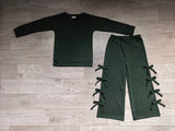 Long sleeves dark green cotton top bow pants kids girls outfits