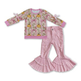 Pink bow pumpkin top denim pants girls fall clothes