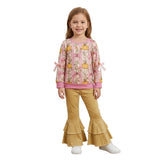 Pink bow pumpkin top ruffle denim pants girls fall clothes