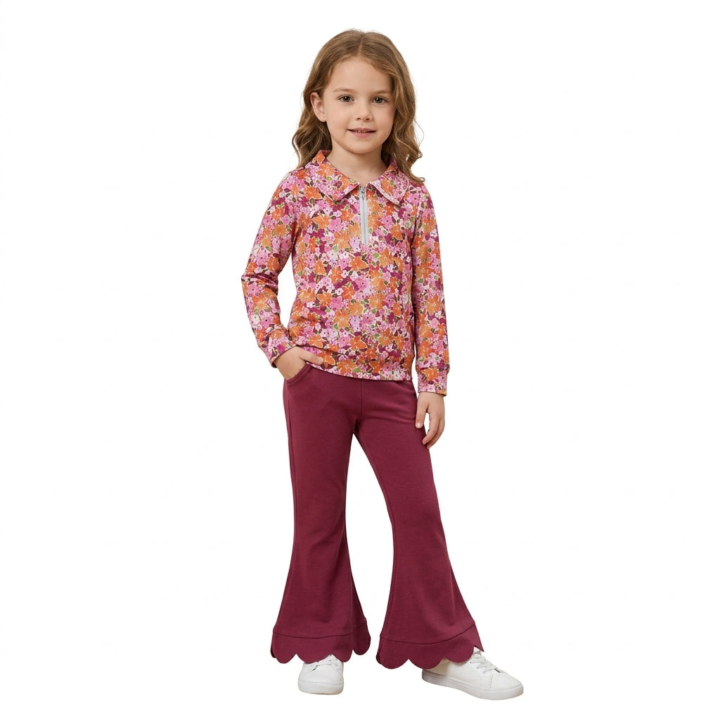 Floral pullover pink scallop pants kids girls fall clothes