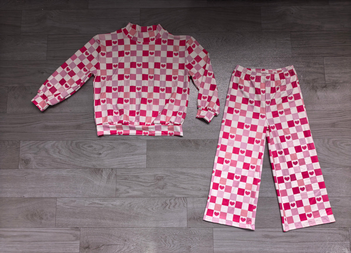 Pink heart plaid mock neck top pants girls Valentine's set