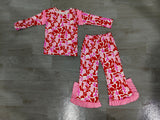 Pink camo ruffle top pants girls Valentine's outfits