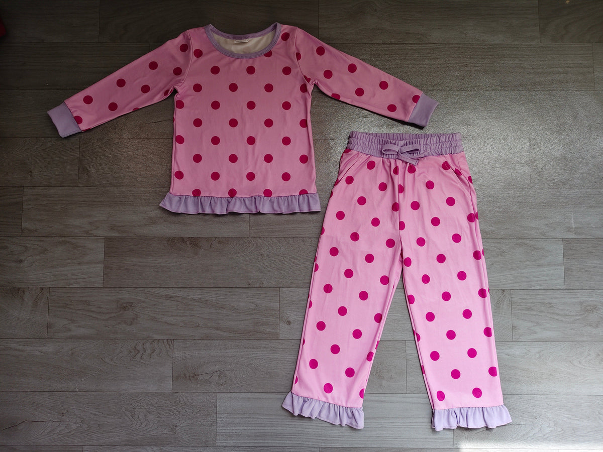 Long sleeves pink polka dots top pants girls outfits