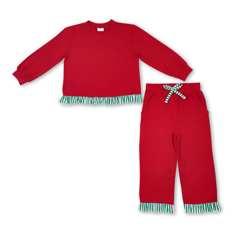 Long sleeves green stripe red top pants girls Christmas outfit