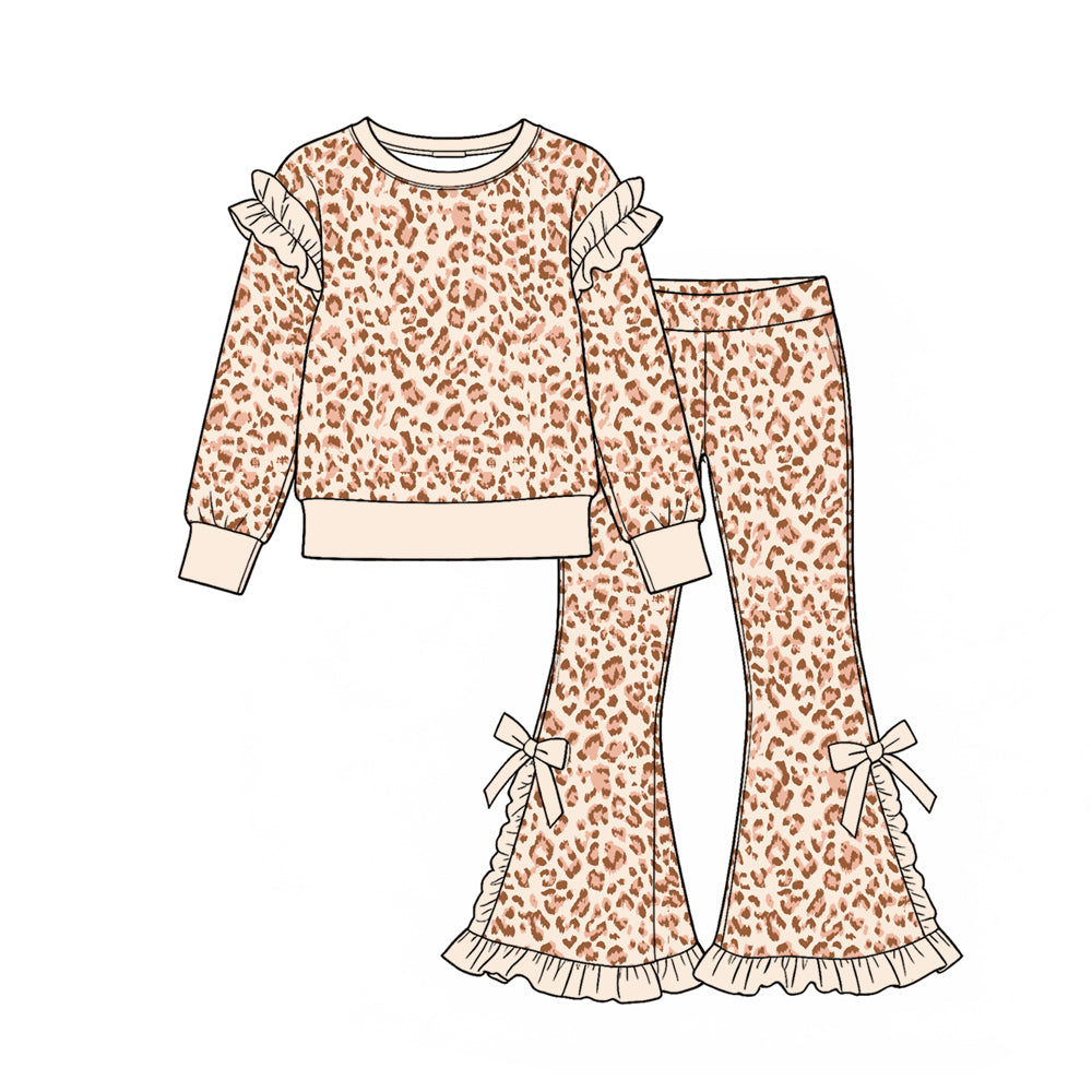 Long sleeves ruffle leopard top pants girls outfits