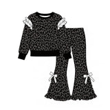 Long sleeves ruffle pink black leopard top pants girls outfits