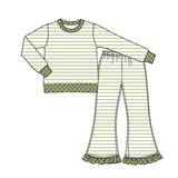 Long sleeves green stripe top pants girls outfits