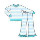 Long sleeves light blue stripe top pants girls outfits