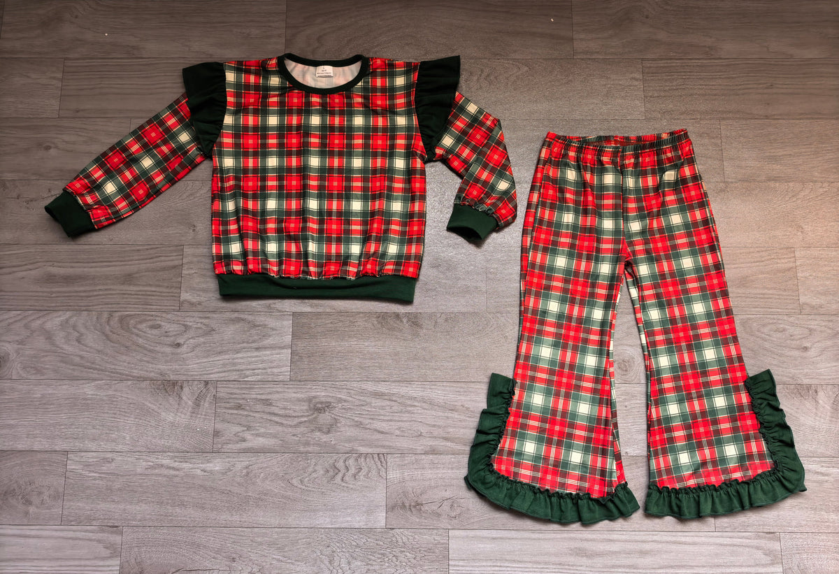 Green red plaid ruffle top pants girls Christmas outfits