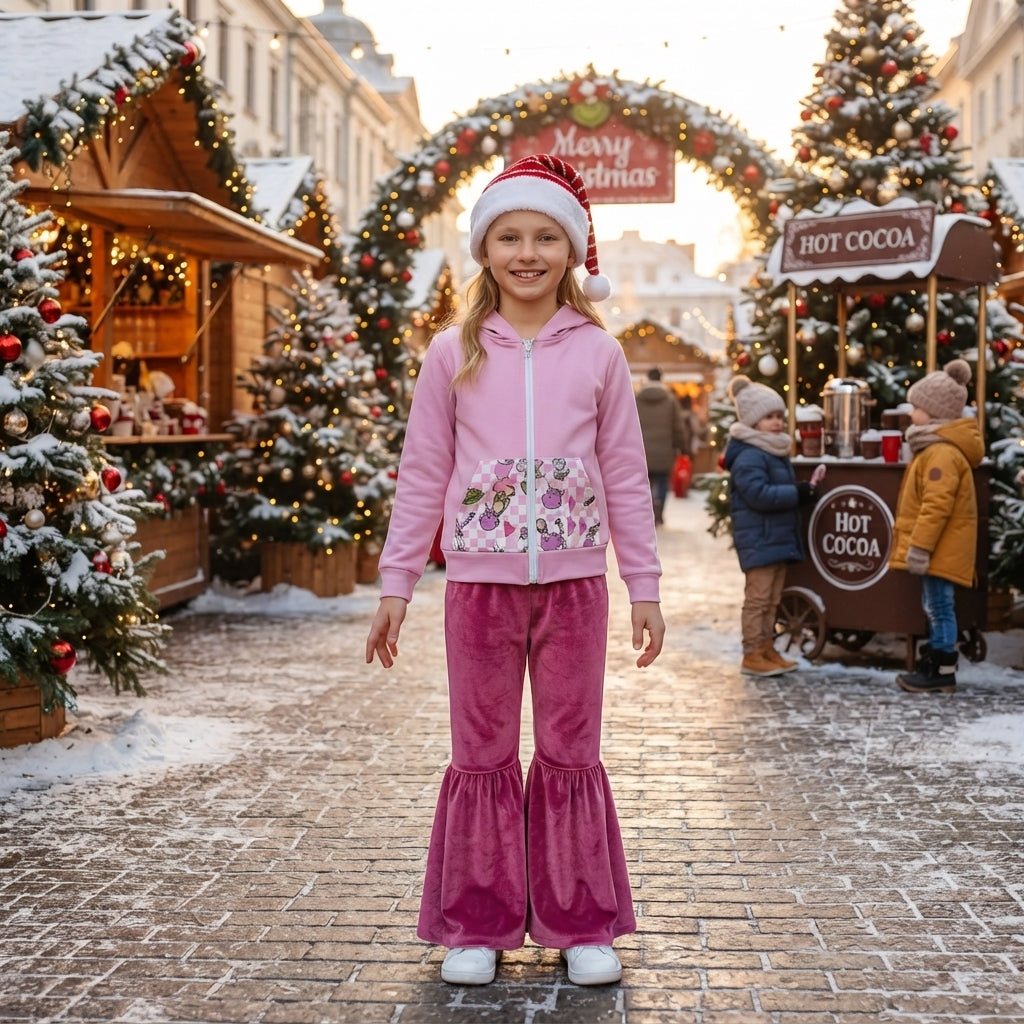 Pink green face hooded jacket velvet pants girls Christmas outfits