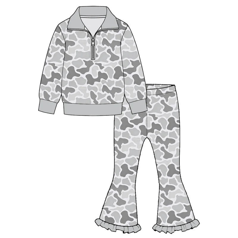 Grey camo zipper pullover pants girls outfits