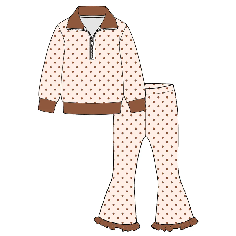 Brown polka dots zipper pullover pants girls outfits