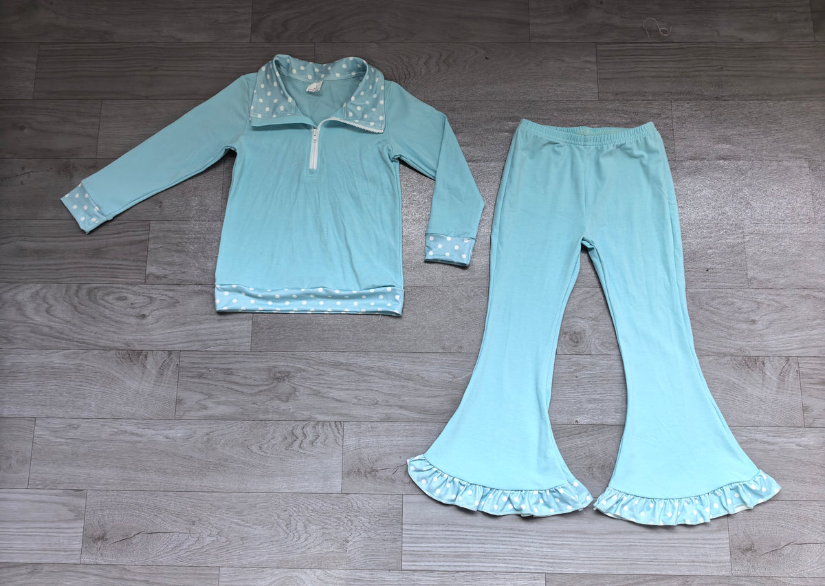 Blue polka dots zipper pullover pants girls outfits