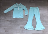 Blue polka dots zipper pullover pants girls outfits
