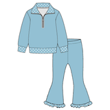 Blue polka dots zipper pullover pants girls outfits