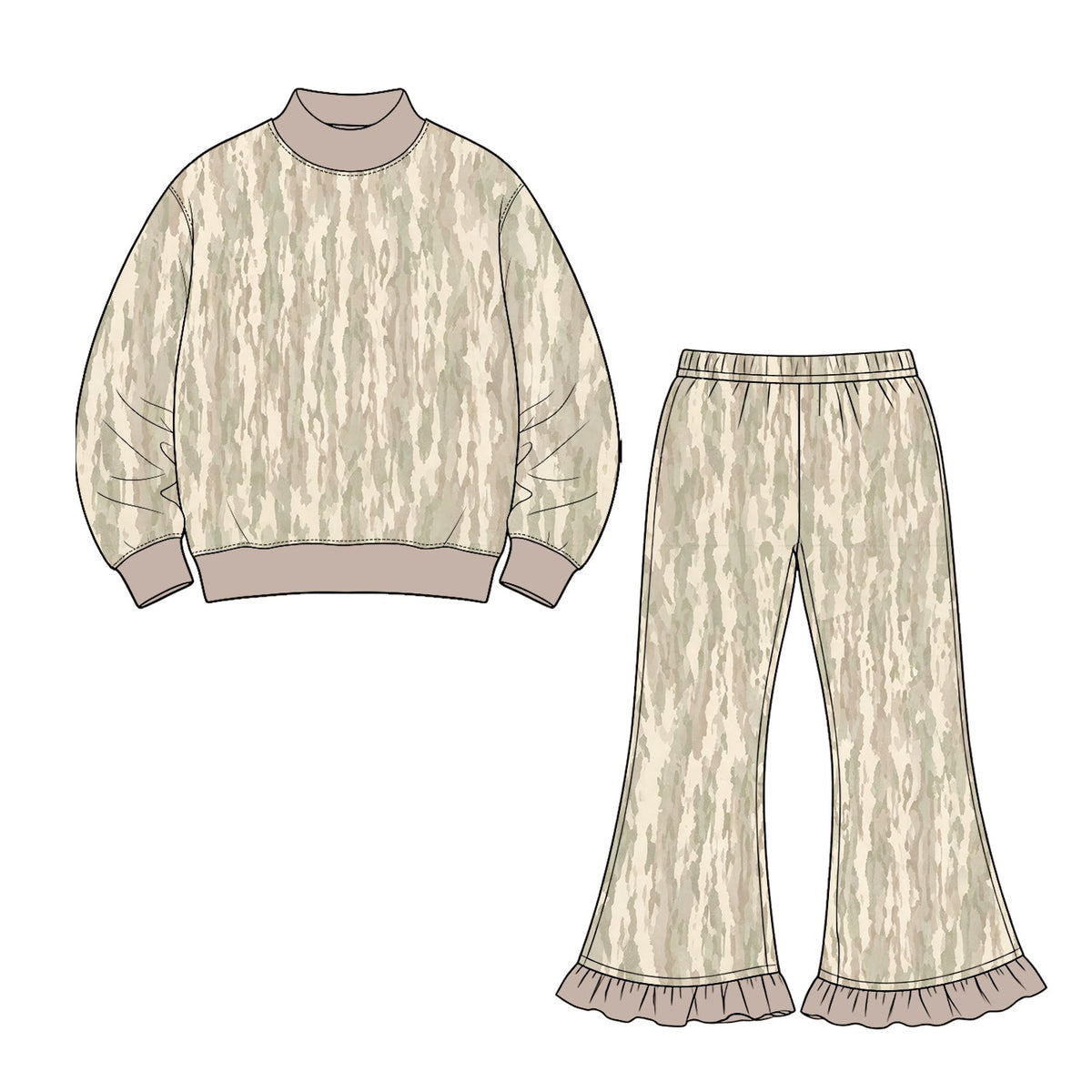 Camo mock neck top ruffle pants girls outfits