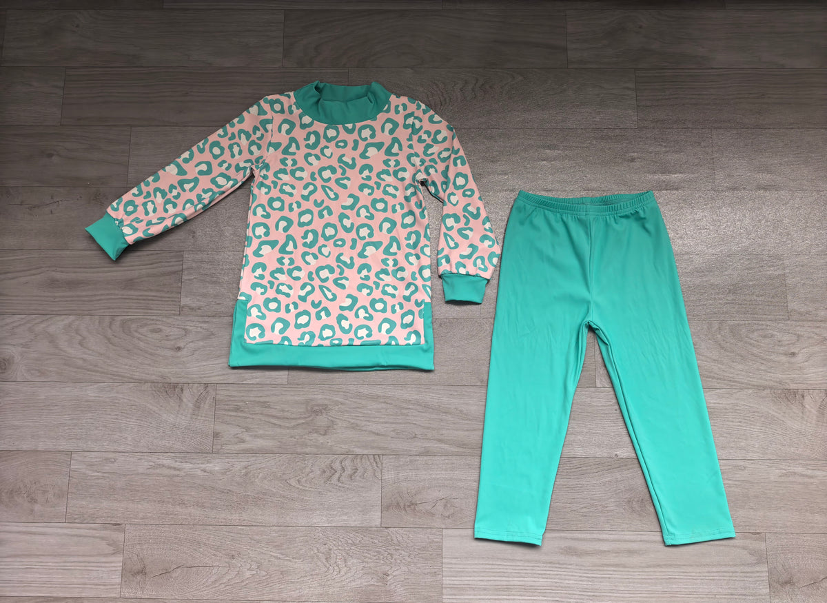 Mint leopard mock neck tunic leggings girls active wear set