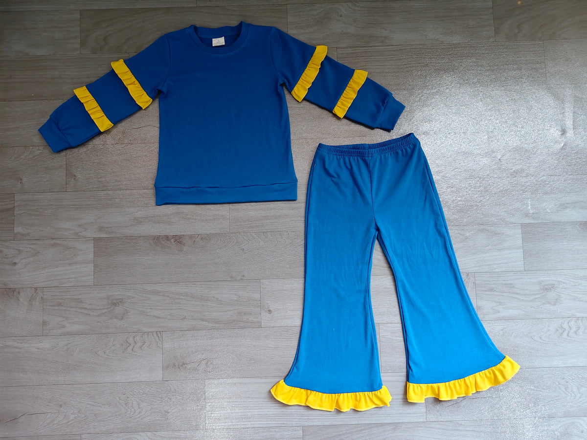 Blue cotton yellow ruffle top flare pants girls outfits