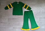 Green cotton yellow ruffle top flare pants girls outfits