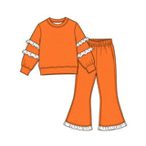Orange cotton white ruffle top flare pants girls outfits