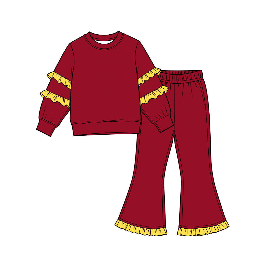 Dark red cotton yellow ruffle top flare pants girls outfits