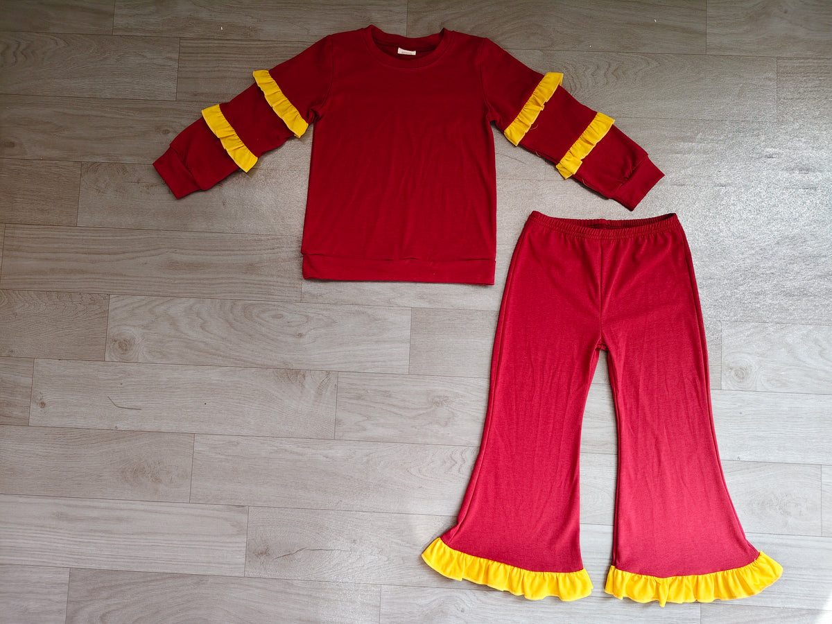 Dark red cotton yellow ruffle top flare pants girls outfits