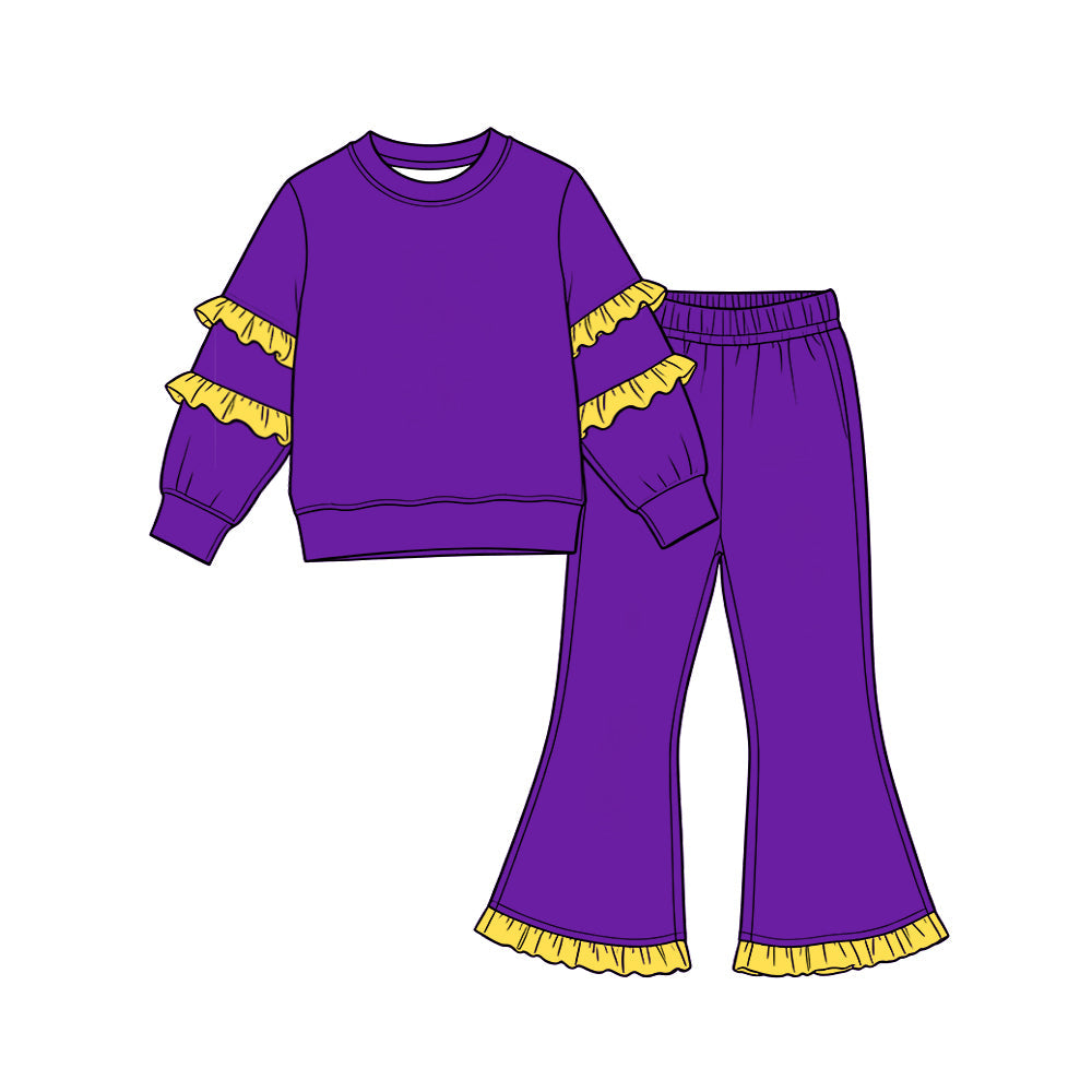 Purple cotton yellow ruffle top flare pants girls outfits