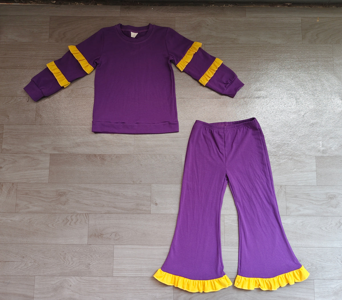 Purple cotton yellow ruffle top flare pants girls outfits