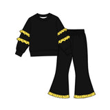 Black cotton yellow ruffle top flare pants girls outfits