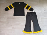 Black cotton yellow ruffle top flare pants girls outfits