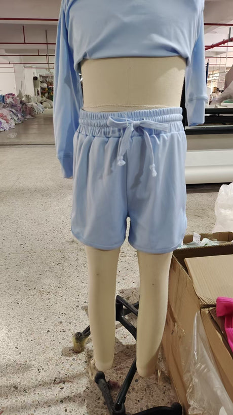 Long sleeves light blue top shorts kids girls yoga clothes