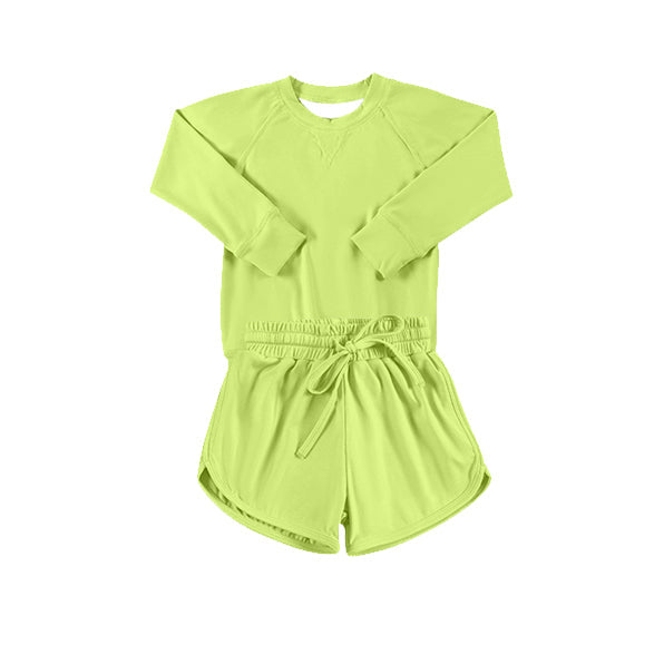 Long sleeves green top shorts kids girls yoga clothes