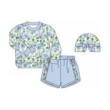 Long sleeves floral bow top light blue shorts girls clothes