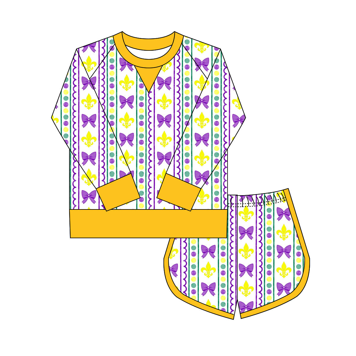 purple bows yellow green pattern kids girls  mardi gras set