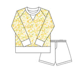small yellow flowers print yoga top match white shorts