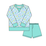 blue flowers print yoga top match cyan shorts girl set