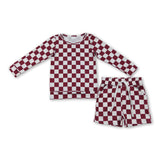 Long sleeves plaid top pockets shorts girls clothing set