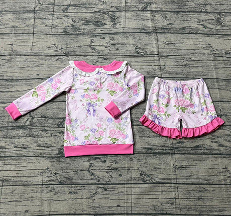 Pink long sleeves floral top ruffle shorts girls outfits
