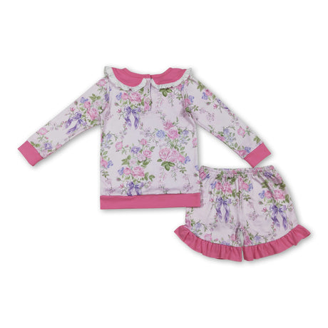 Pink long sleeves floral top ruffle shorts girls outfits