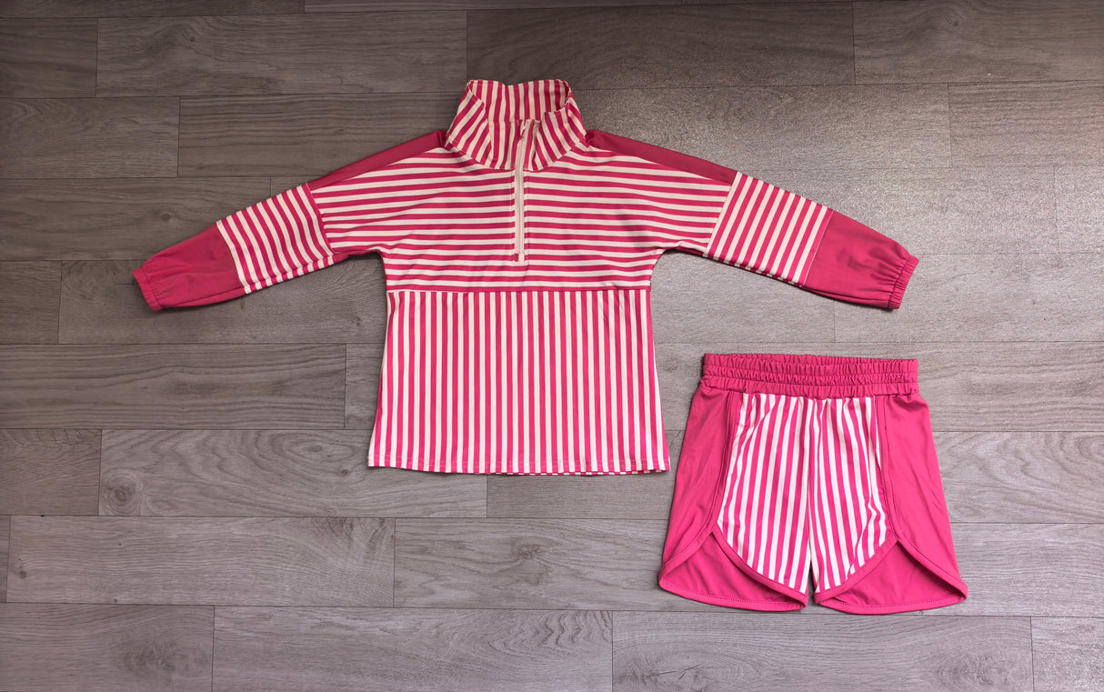 Hot pink stripe patchwork pullover shorts girls active set