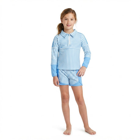 Light blue stripe patchwork pullover shorts girls active set