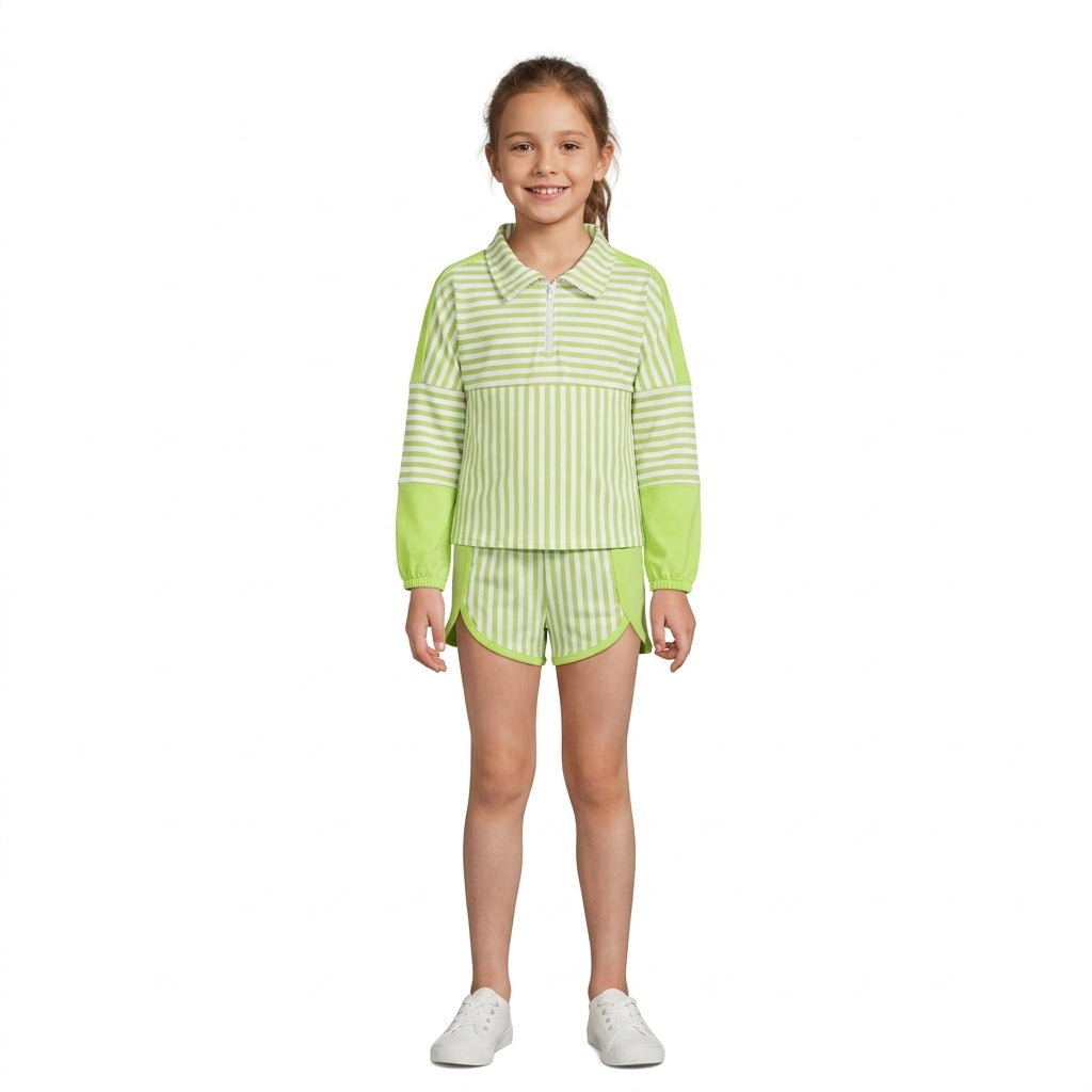 Green stripe patchwork pullover shorts girls active set