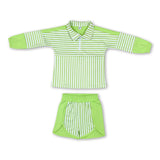 Green stripe patchwork pullover shorts girls active set
